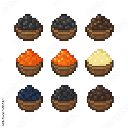 Caviar Pixel Art. Pixel art icon set of caviar varieties: beluga, osetra, sevruga, salmon roe, trout roe, whitefish roe, lumpfish
