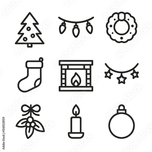 Holiday Decoration Icons. Outline icon set of holiday decorations: Christmas tree, string lights, wreath, stocking, fireplace