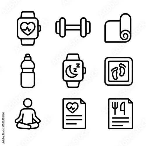 Home Health Icons. Outline icon set of home health and fitness assistant: heart rate monitor, dumbbell, yoga mat, water bottle,