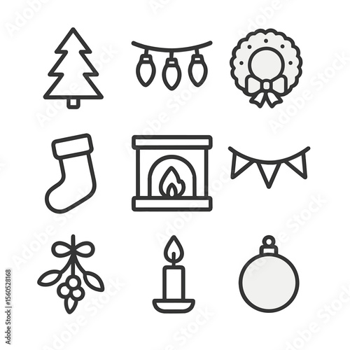 Holiday Decoration Icons. Outline icon set of holiday decorations: Christmas tree, string lights, wreath, stocking, fireplace