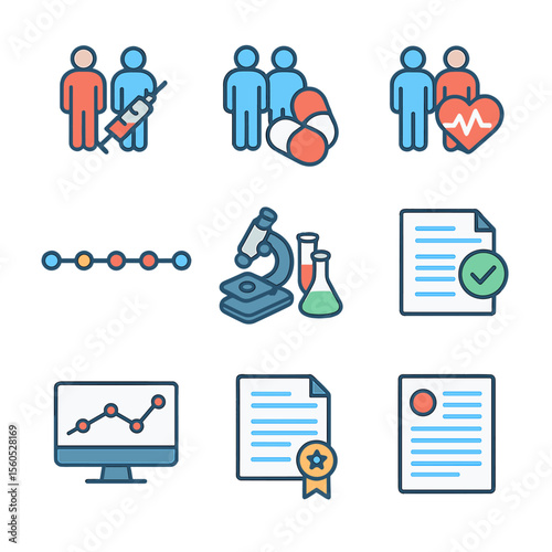 Clinical Trial Phases Icons. Isometric Flat icon set of clinical trial phases overview: phase I, phase II, phase III, phase IV,