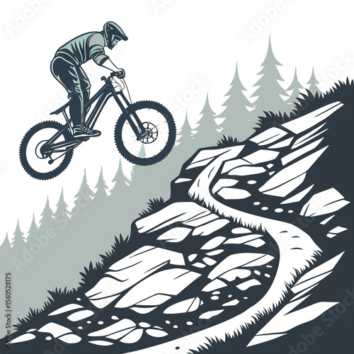 A mountain biker jumps off a rocky trail with a forest in the background in monochrome illustration