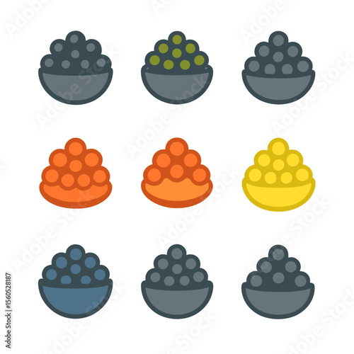 Caviar Varieties Icons. Flat icon set of caviar varieties: beluga, osetra, sevruga, salmon roe, trout roe, whitefish roe, lumpfish