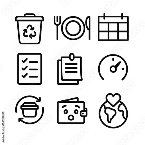Eco-Friendly Food Waste Icons. Outline icon set of reducing food waste at home: compost bin, smaller plate, meal plan calendar,