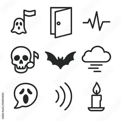 Horror Game Icon Set. Outline icon set of horror game OST: ghostly note, creaking door icon, heartbeat pulse, skull with note, bat
