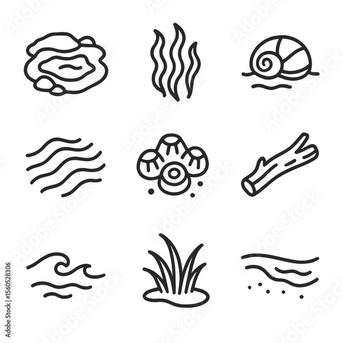 Coastal Icons Set. Outline icon set of wet coastal sand and rocks: tide pool, slick rock, seaweed clump, water-lapped shell, wet