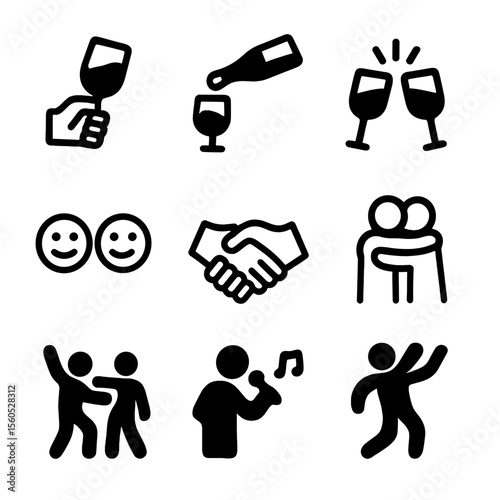 Celebratory Icon Grid. Solid, filled icon set of toast making actions: raising glass, pouring champagne, clinking glasses, popping
