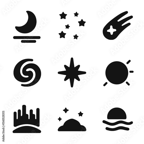 Celestial Icons Grid. Solid, filled icon set of celestial illumination: moonlight, star cluster, comet tail, galaxy swirl, shining