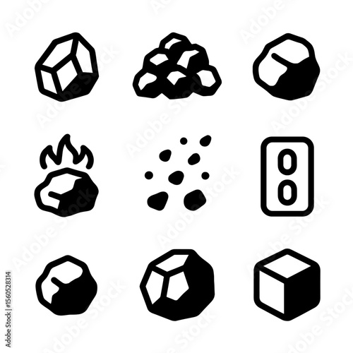 Coal Icon Set. Solid, filled icon set of coal types and forms: anthracite, bituminous coal, lignite, coke, charcoal, coal dust,