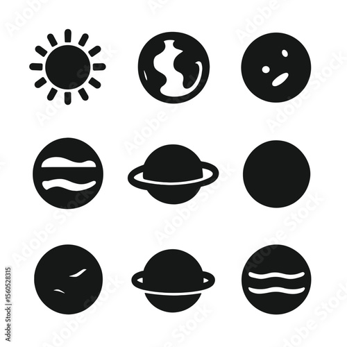 Celestial Icons Grid. Solid, filled icon set of celestial bodies: sun, earth, mars, jupiter, saturn with rings, mercury, venus,