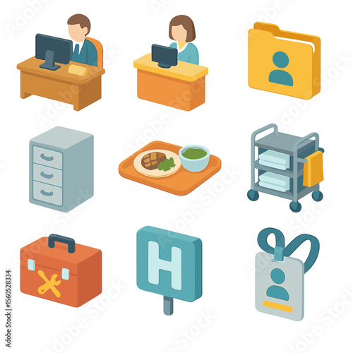 Hospital Service Icons. Isometric Flat icon set of hospital administration and support services: administrator office desk,