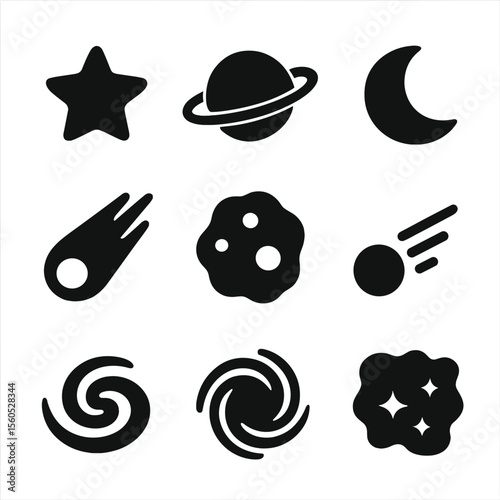 Celestial Icons Grid. Solid, filled icon set of Celestial objects: star, planet, moon, comet, asteroid, meteor, galaxy, black hole