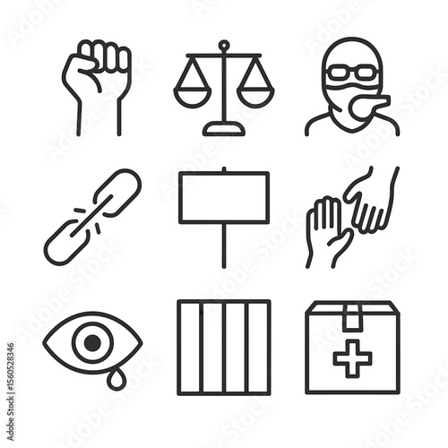 Human Rights Icons. Outline icon set of human rights investigative films: raised fist, scale of justice, masked whistleblower,