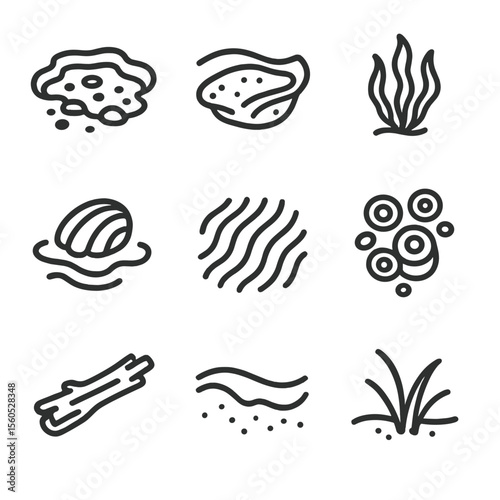 Coastal Icons Set. Outline icon set of wet coastal sand and rocks: tide pool, slick rock, seaweed clump, water-lapped shell, wet