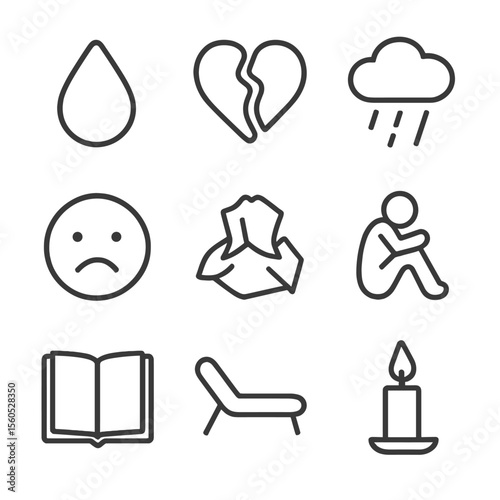 Emotional Icon Set. Outline icon set of Emotional aftermath: tear drop, broken heart, rain cloud, sad face, crumpled tissue,