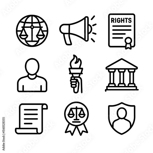 Human Rights Icons. Outline icon set of human rights law firm: globe with scales, protest megaphone, rights charter, human