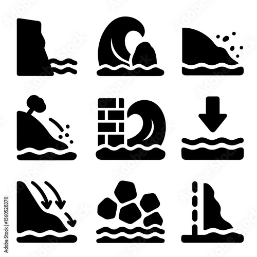 Coastal Erosion Icons. Solid, filled icon set of coastal erosion and waves: cliff edge, wave hitting rock, beach loss, dune