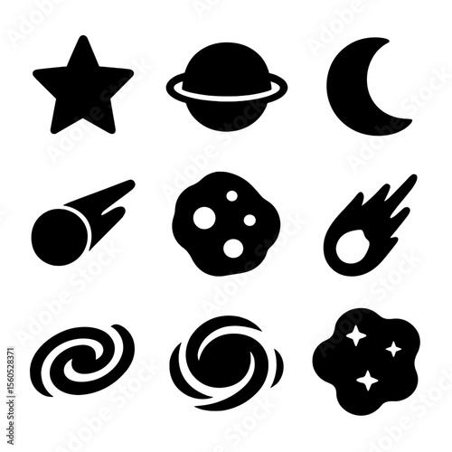 Celestial Icons Grid. Solid, filled icon set of Celestial objects: star, planet, moon, comet, asteroid, meteor, galaxy, black hole