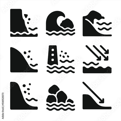 Coastal Erosion Icons. Solid, filled icon set of coastal erosion and waves: cliff edge, wave hitting rock, beach loss, dune