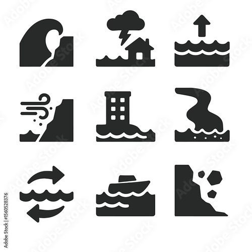 Coastal Erosion Icons. Solid, filled icon set of coastal erosion causes: wave impact, storm surge, rising sea level, wind erosion,