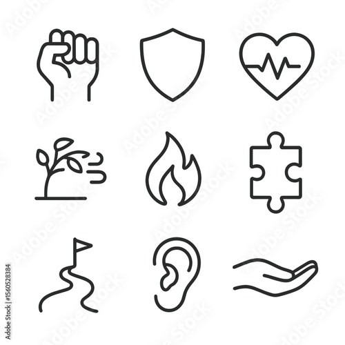 Emotional Endurance Icons. Outline icon set of emotional endurance: clenched fist, protective shield, heart pulse, resilient flame