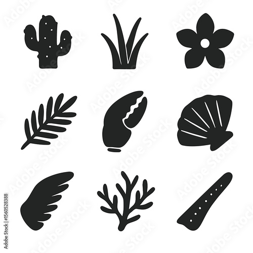 Coastal Flora and Fauna. Solid, filled icon set of coastal flora and fauna: cactus, dune grass, beach flower, palm frond, crab