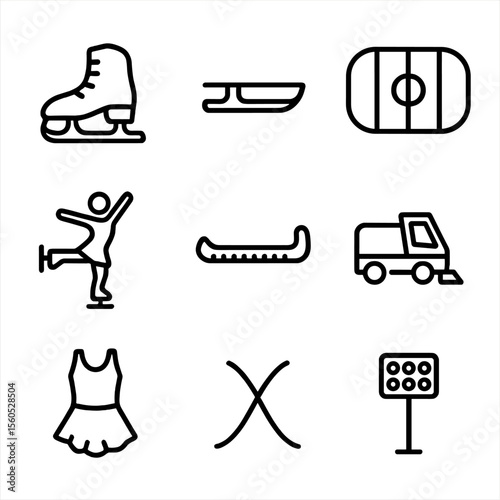 Ice Skating Icons. Outline icon set of Ice skating: ice skate, skate blade, ice rink, figure skater, blade guard, ice resurfacer,