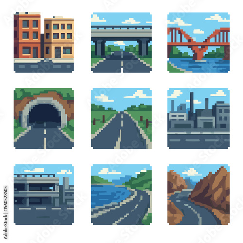 Chase Environments Icons. Pixel art icon set of chase environments: urban street, highway overpass, bridge, tunnel entrance, rural