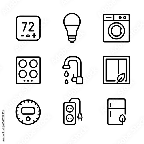 Energy-Efficient Appliance Icons. Outline icon set of energy-efficient home appliances: smart thermostat, LED lightbulb,