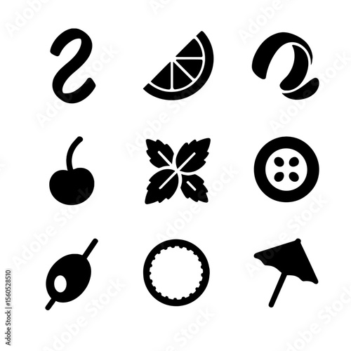 Cocktail Garnish Icons. Solid, filled icon set of cocktail garnishes: lemon twist, lime wedge, orange peel, cherry, mint sprig,