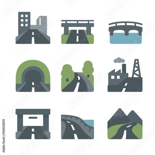 Chase Environment Icons. Flat icon set of chase environments: urban street, highway overpass, bridge, tunnel entrance, rural road,
