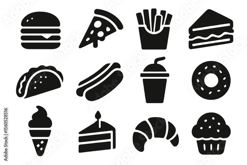 12 black food icons. Solid vector for fast food, snacks, and casual dining.


