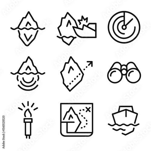 Iceberg Hazard Icons. Outline icon set of iceberg hazards to ships: submerged mass, collision impact, radar blip, sonar ping,