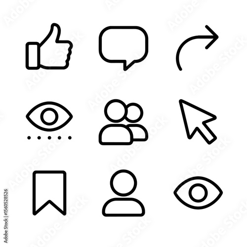 Engagement Metrics Icons. Outline icon set of Engagement metrics: likes, comments, shares, impressions, reach, clicks, saves,