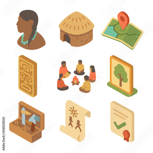 Indigenous Rights Icon Set. Isometric Flat icon set of Indigenous Rights and Forest Stewardship: tribal elder silhouette,