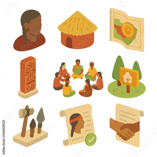 Indigenous Rights Icon Set. Isometric Flat icon set of Indigenous Rights and Forest Stewardship: tribal elder silhouette,