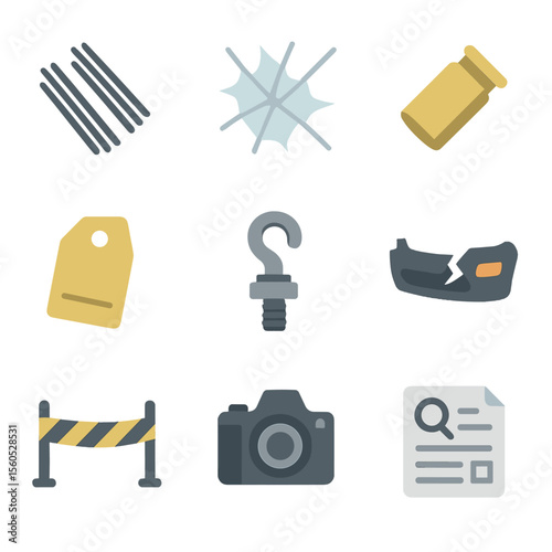 Chase Evidence Icons. Flat icon set of chase aftermath and evidence: skid mark, shattered glass, bullet casing, tow hook, evidence