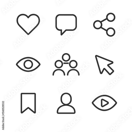 Engagement Metrics Icons. Outline icon set of Engagement metrics: likes, comments, shares, impressions, reach, clicks, saves,