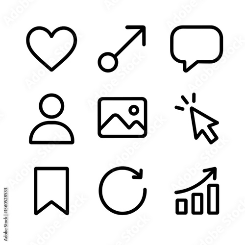 Engagement Metrics Icons. Outline icon set of engagement metrics: likes, shares, comments, followers, impressions, reach, clicks,