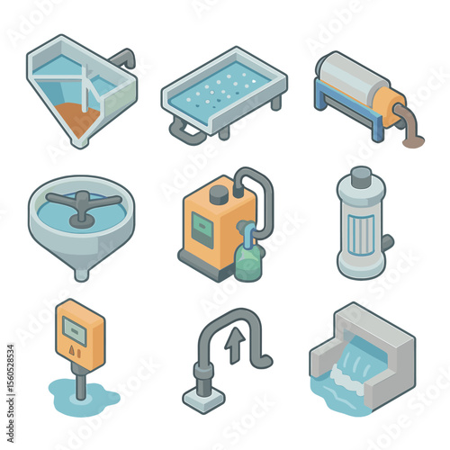 Industrial Wastewater Icons. Isometric Flat icon set of industrial wastewater treatment: settling tank, aeration diffuser, sludge