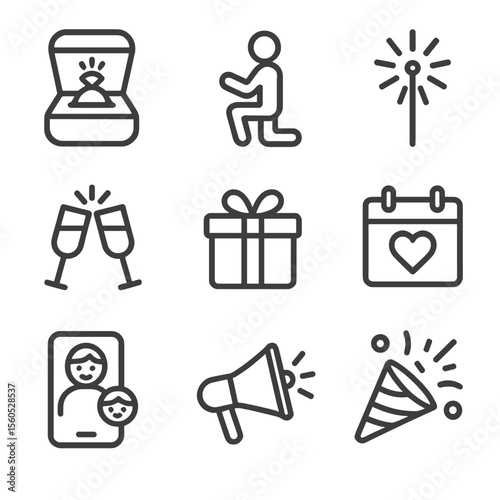 Engagement Icon Set. Outline icon set of engagement moments: engagement ring in box, kneeling silhouette, sparkler celebration,
