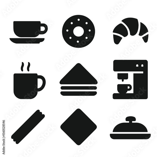 Coffee Break Icons. Solid, filled icon set of coffee break moments: coffee cup, donut, croissant, steaming mug, sandwich, coffee