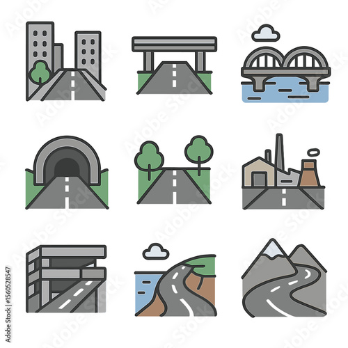 Chase Environment Icons. Flat icon set of chase environments: urban street, highway overpass, bridge, tunnel entrance, rural road,