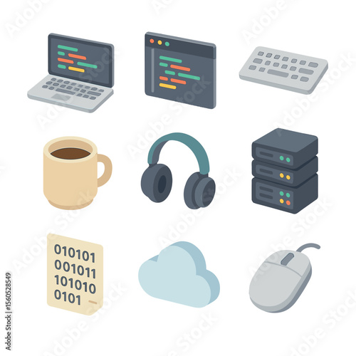 Coding Session Icons. Isometric Flat icon set of Coding and Programming Sessions: laptop, code editor screen, keyboard, mouse,