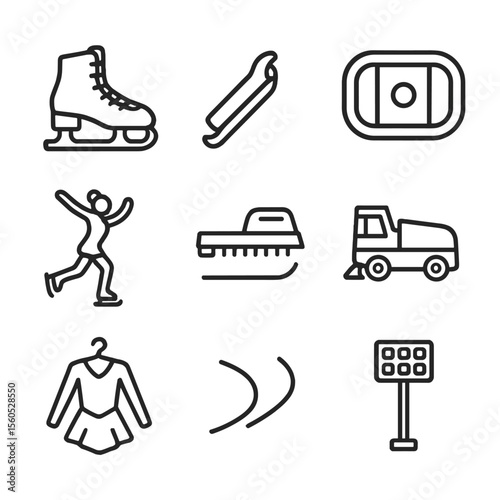 Ice Skating Icons. Outline icon set of Ice skating: ice skate, skate blade, ice rink, figure skater, blade guard, ice resurfacer,