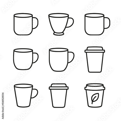 Coffee Mug Icons. Outline icon set of Coffee Mug Materials: porcelain mug, bone china cup, stoneware mug, clay mug, bamboo fiber