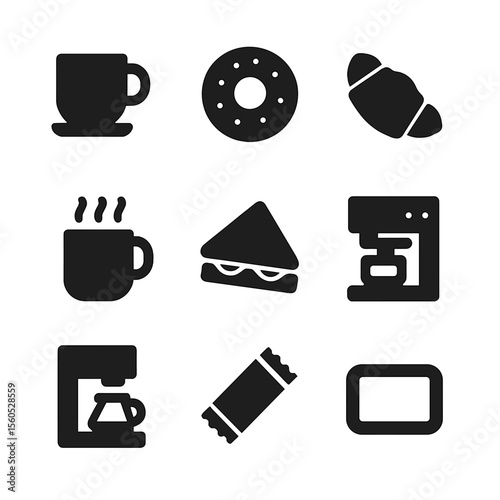 Coffee Break Icons. Solid, filled icon set of coffee break moments: coffee cup, donut, croissant, steaming mug, sandwich, coffee