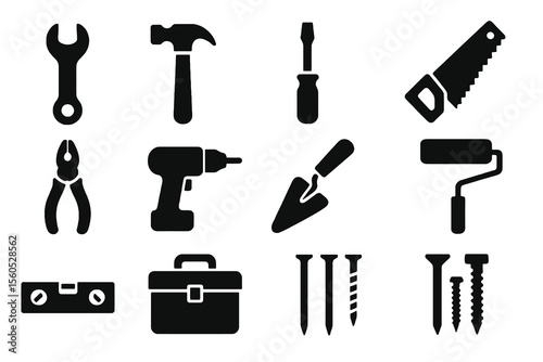 12 black construction icons. Solid vector for tools, building, and repair.