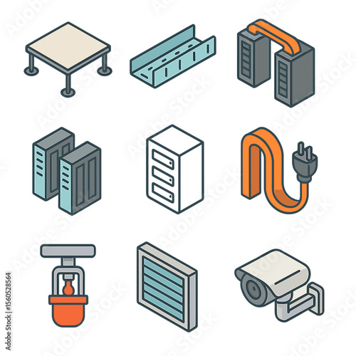 Infrastructure Icon Grid. Isometric Flat icon set of physical infrastructure layout: raised floor tile, cable tray, hot aisle,