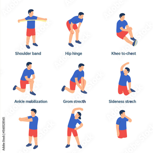 Injury Prevention Stretches. Isometric Flat icon set of injury prevention stretches: shoulder band stretch, hip hinge stretch,